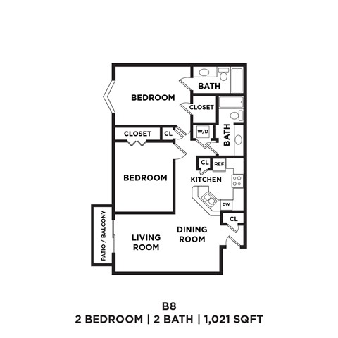 A black and white image of a floor plan for a 2 bedroom, 2 bathroom apartment.